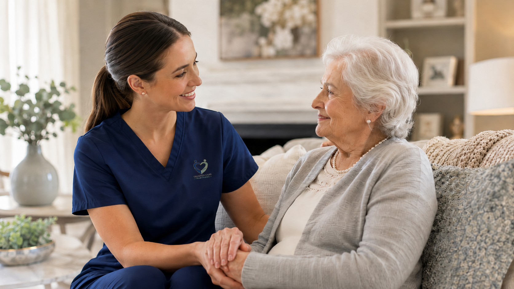 Caregiver holding hands with senior woman