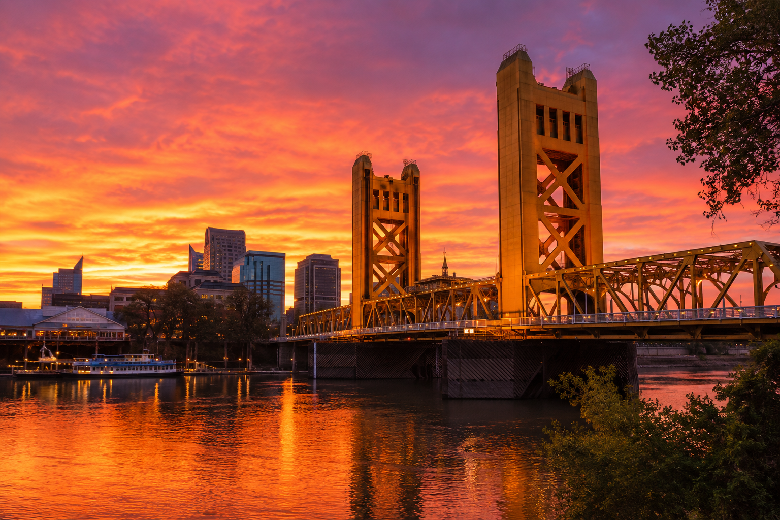 Sacramento Tower Bridge at sunset